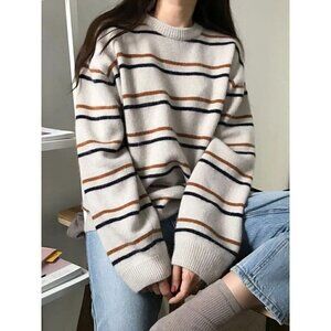 Boutique White & Brown Stripe Crewneck Pullover Sweater M